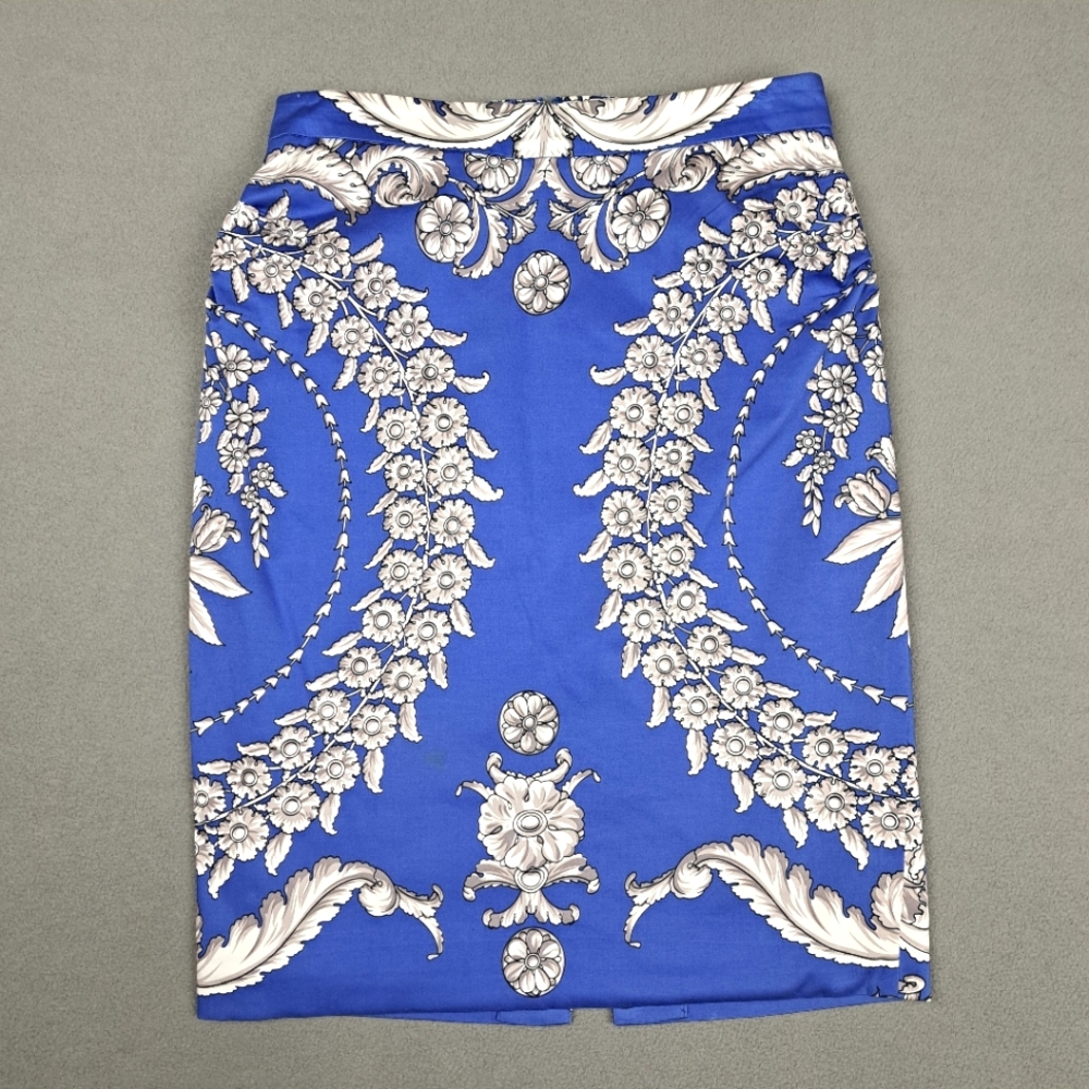 Yoana‎ Baraschi Skirt Women's 0 Blue Silver Pencil Lined Floral Print Formal